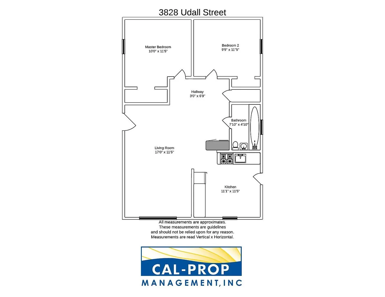 Floor plan of a unit at 3828 Udall St — living room, kitchen, two bedrooms, bath